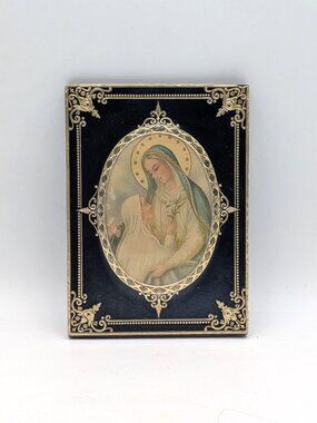 Vintage Lithographic Laminate of Virgin Mother Mary Foil Frame on Wood 5.5x4"